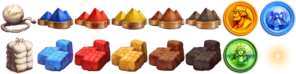 Wool, dyes, finished cloth and scoring tokens in Drapers